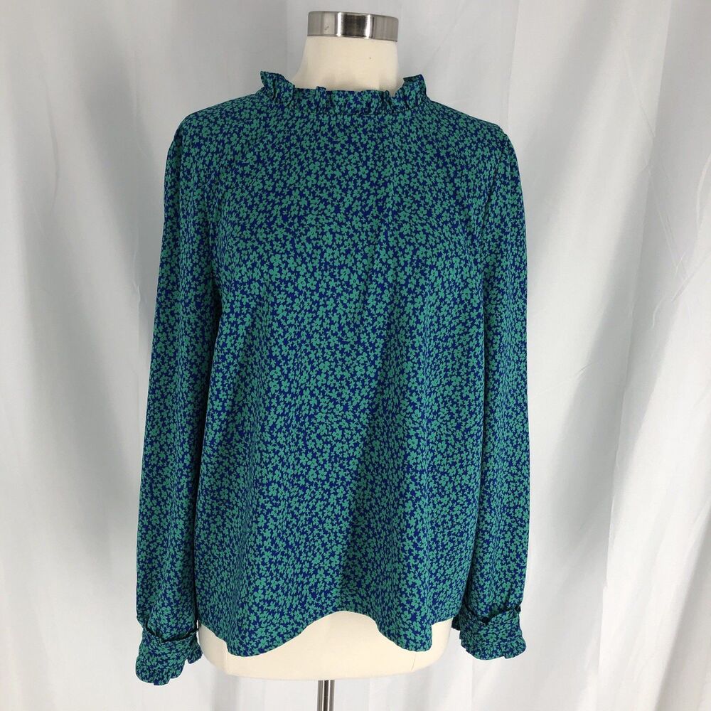 Women's J. Crew Blue Green Floral Ruffled Neck Long Sleeve XL